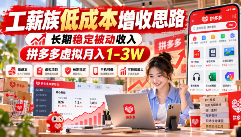 工薪族低成本增收思路，长期稳定被动收入，拼多多虚拟月入1-3W-知行阁轻创网-分享网络赚钱项目-全网首发副业项目实操平台-副业创业项目网