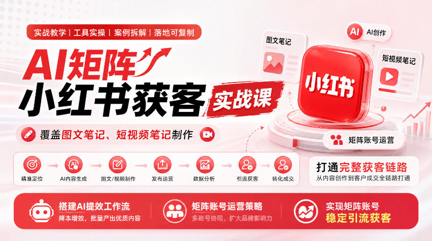 AI矩阵小红书获客实战课，覆盖图文笔记、短视频笔记制作，打通完整获客链路，搭建AI提效工作流，实现矩阵账号稳定引流获客-知行阁轻创网-分享网络赚钱项目-全网首发副业项目实操平台-副业创业项目网