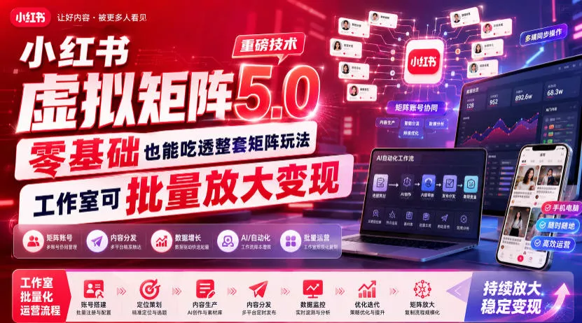 小红书虚拟矩阵5.0重磅技术，零基础也能吃透整套矩阵玩法，工作室可批量放大变现-知行阁轻创网-分享网络赚钱项目-全网首发副业项目实操平台-副业创业项目网