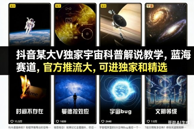 抖音某大V独家宇宙科普解说教学，蓝海赛道，官方推流大，可进独家和精选-知行阁轻创网-分享网络赚钱项目-全网首发副业项目实操平台-副业创业项目网