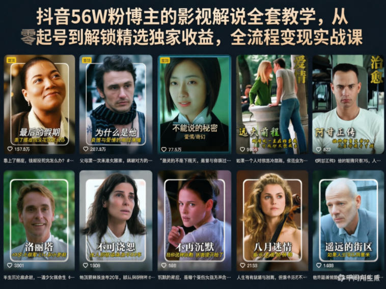 抖音56W粉博主的影视解说全套教学，从零起号到解锁精选独家收益，全流程变现实战课-知行阁轻创网-分享网络赚钱项目-全网首发副业项目实操平台-副业创业项目网