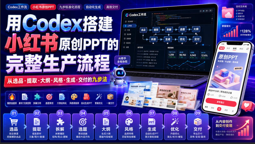 用Codex搭建小红书原创PPT的完整生产流程，从选品·提取·大纲·风格·生成·交付的九步法-知行阁轻创网-分享网络赚钱项目-全网首发副业项目实操平台-副业创业项目网