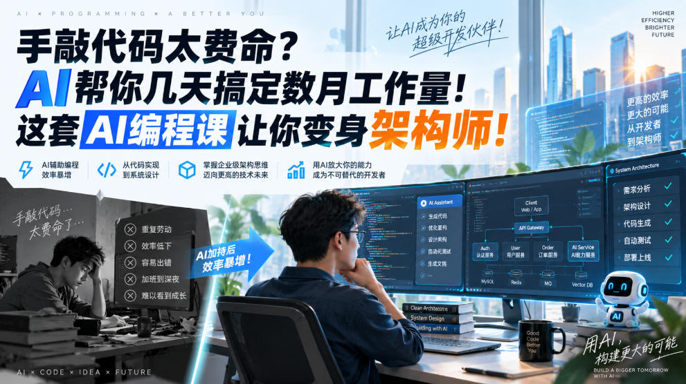 手敲代码太费命？AI帮你几天搞定数月工作量！这套AI编程课让你变身架构师！【原创双语字幕】-知行阁轻创网-分享网络赚钱项目-全网首发副业项目实操平台-副业创业项目网