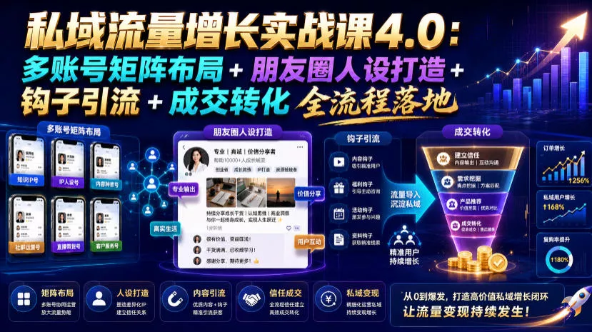 私域流量增长实战课4.0：多账号矩阵布局+朋友圈人设打造+钩子引流+成交转化全流程落地-知行阁轻创网-分享网络赚钱项目-全网首发副业项目实操平台-副业创业项目网