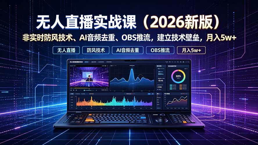 （19292期）无人直播实战课（更新7月），非实时防风技术、AI音频去重、OBS推流，建立技术壁垒，月入5w+-知行阁轻创网-分享网络赚钱项目-全网首发副业项目实操平台-副业创业项目网