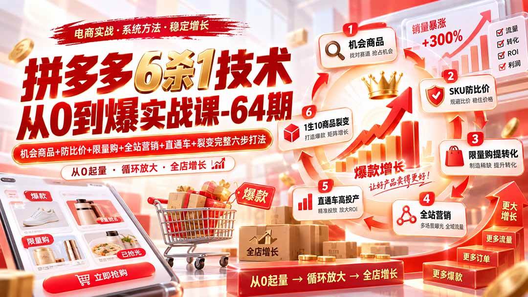 （20315期）拼多多6杀1技术从0到爆实战课-64期：机会商品+防比价+限量购+全站营销+直通车+裂变完整六步打法-知行阁轻创网-分享网络赚钱项目-全网首发副业项目实操平台-副业创业项目网