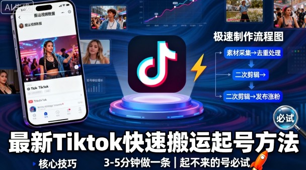 最新Tiktok快速搬运快速起号方法，3-5分钟做一条，起不来的号可以试试-知行阁轻创网-分享网络赚钱项目-全网首发副业项目实操平台-副业创业项目网