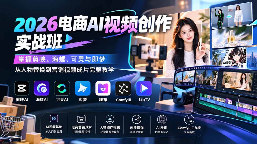 （20466期）2026电商AI视频创作实战班：掌握剪映、海螺、可灵与即梦，从人物替换到营销视频成片完整教学-知行阁轻创网-分享网络赚钱项目-全网首发副业项目实操平台-副业创业项目网