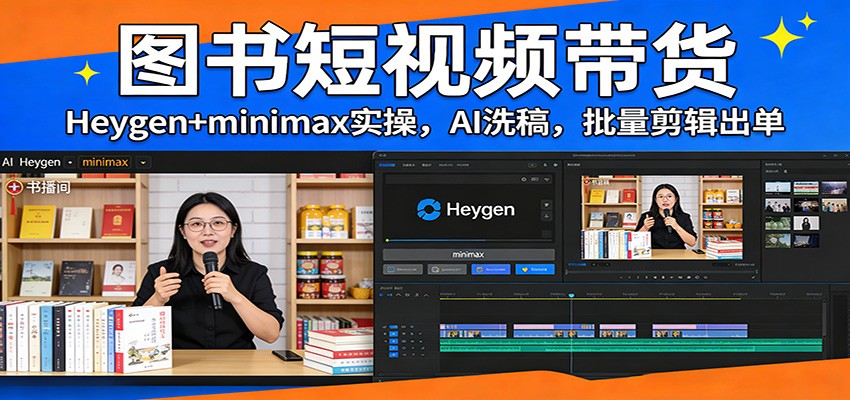 图书短视频带货：Heygen+minimax实操，AI洗稿 ，批量剪辑出单-知行阁轻创网-分享网络赚钱项目-全网首发副业项目实操平台-副业创业项目网
