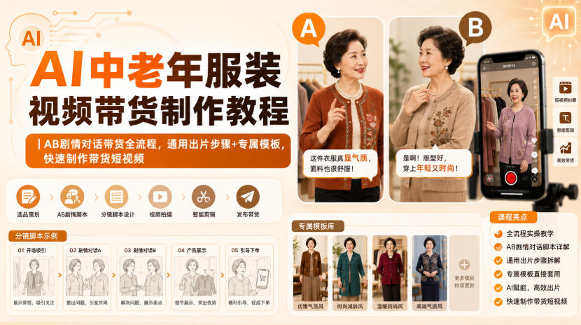 AI中老年服装视频带货制作教程｜AB剧情对话带货全流程，通用出片步骤+专属模板，快速制作带货短视频-知行阁轻创网-分享网络赚钱项目-全网首发副业项目实操平台-副业创业项目网
