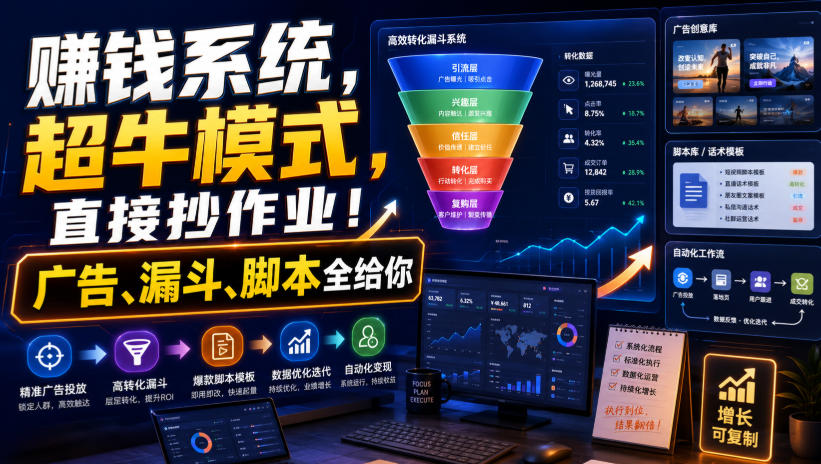 賺钱系统，超牛模式，直接抄作业！广告、漏斗、脚本全给你【原创双语字幕】-知行阁轻创网-分享网络赚钱项目-全网首发副业项目实操平台-副业创业项目网