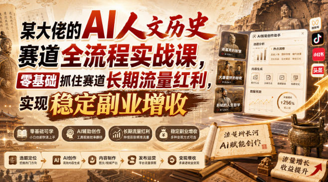 某大佬的AI人文历史赛道全流程实战课，零基础抓住赛道长期流量红利，实现稳定副业增收-知行阁轻创网-分享网络赚钱项目-全网首发副业项目实操平台-副业创业项目网