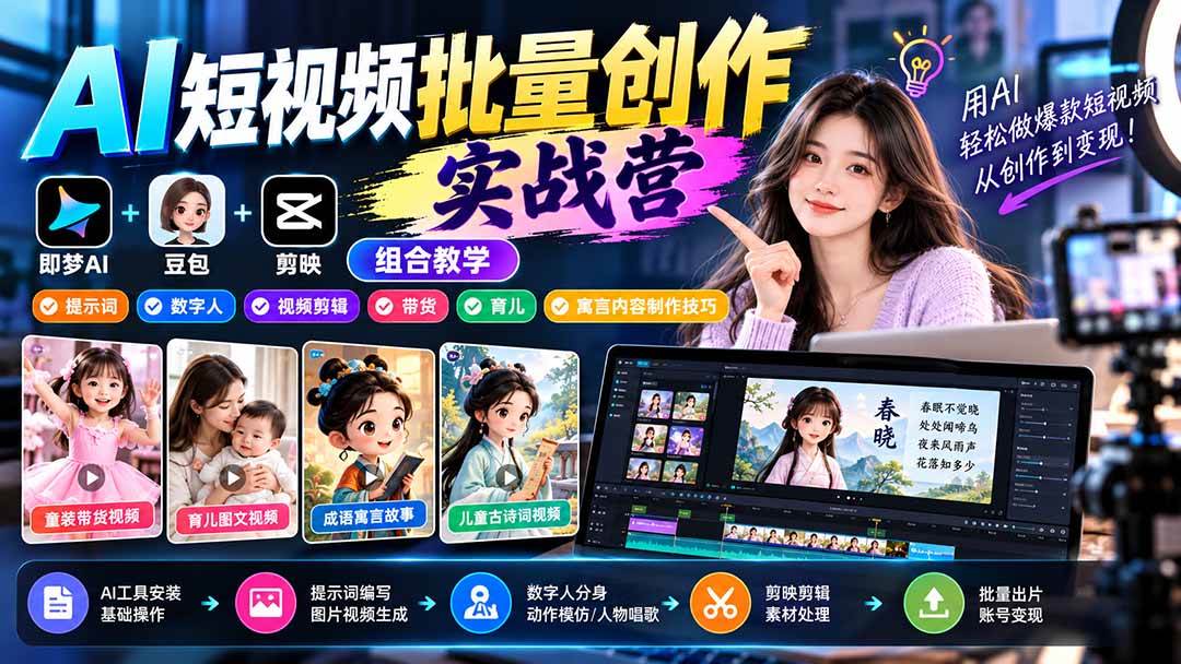 （21039期）【无水印】AI短视频批量创作实战营：即梦+豆包+剪映组合教学，提示词/数字人/视频剪辑/带货/育儿/寓言内容制作技巧-知行阁轻创网-分享网络赚钱项目-全网首发副业项目实操平台-副业创业项目网