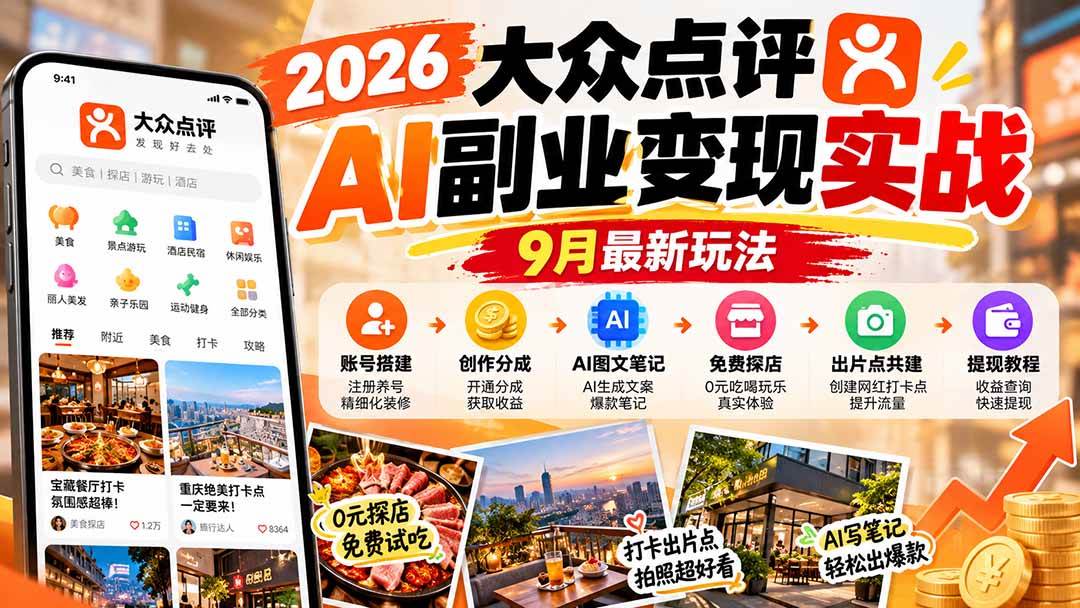 （20873期）2026大众点评AI副业变现实战9月最新玩法：账号搭建+创作分成+AI图文笔记+免费探店+出片点共建与提现教程