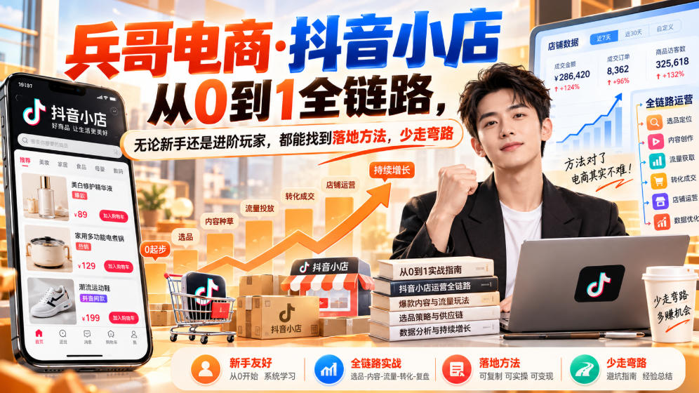 【无水印】兵哥电商·抖音小店从0到1全链路,无论新手还是进阶玩家,都能找到落地方法,少走弯路(更新9月)-知行阁轻创网-分享网络赚钱项目-全网首发副业项目实操平台-副业创业项目网