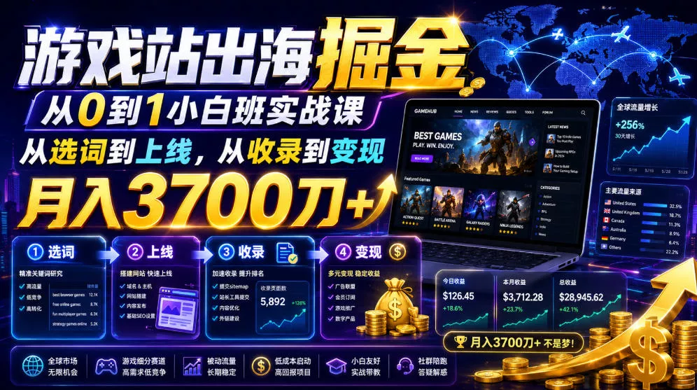 游戏站出海掘金从0到1小白实战课，从选词到上线，从收录到变现，月入3700刀+-知行阁轻创网-分享网络赚钱项目-全网首发副业项目实操平台-副业创业项目网