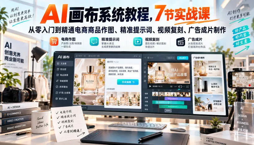 AI画布系统教程,7节实战课从零入门到精通电商商品作图、精准提示词、视频复刻、广告成片制作-知行阁轻创网-分享网络赚钱项目-全网首发副业项目实操平台-副业创业项目网