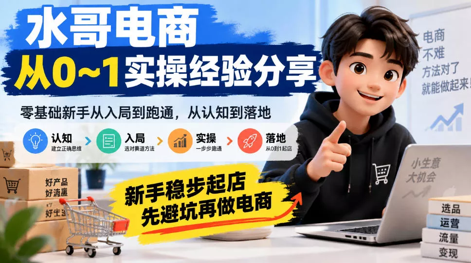 水哥电商从0~1实操经验分享，零基础新手从入局到跑通，从认知到落地，新手稳步起店，先避坑再做电商-知行阁轻创网-分享网络赚钱项目-全网首发副业项目实操平台-副业创业项目网