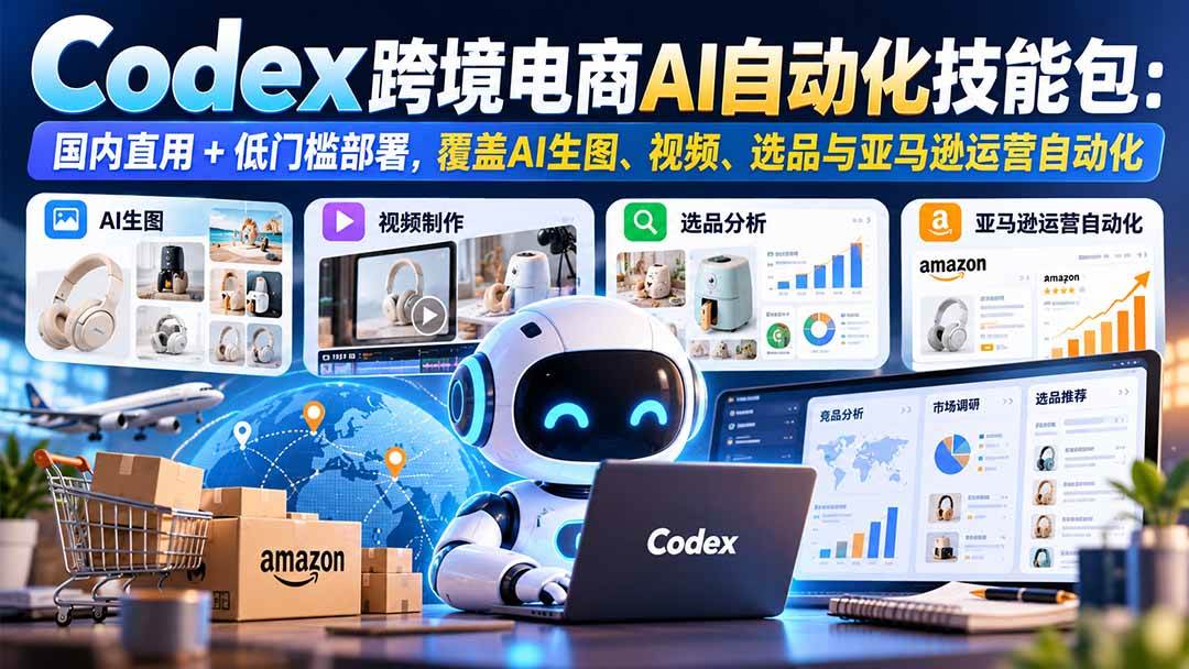 （20752期）【无水印】Codex跨境电商AI自动化技能包：国内直用+低门槛部署，覆盖AI生图、视频、选品与亚马逊运营自动化-知行阁轻创网-分享网络赚钱项目-全网首发副业项目实操平台-副业创业项目网
