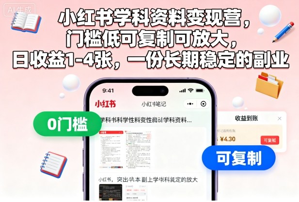 小红书学科资料变现营，门槛低可复制可放大，日收益1-4张，一份长期稳定的副业-知行阁轻创网-分享网络赚钱项目-全网首发副业项目实操平台-副业创业项目网