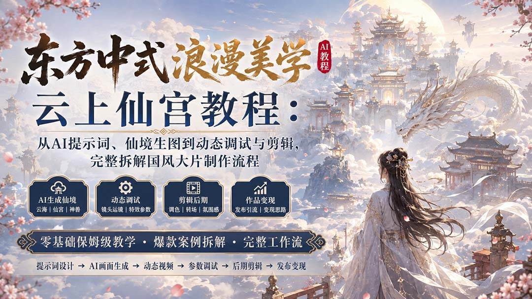 (20147期)东方中式浪漫美学云上仙宫教程:从AI提示词、仙境生图到动态调试与剪辑,完整拆解国风大片制作流程-知行阁轻创网-分享网络赚钱项目-全网首发副业项目实操平台-副业创业项目网