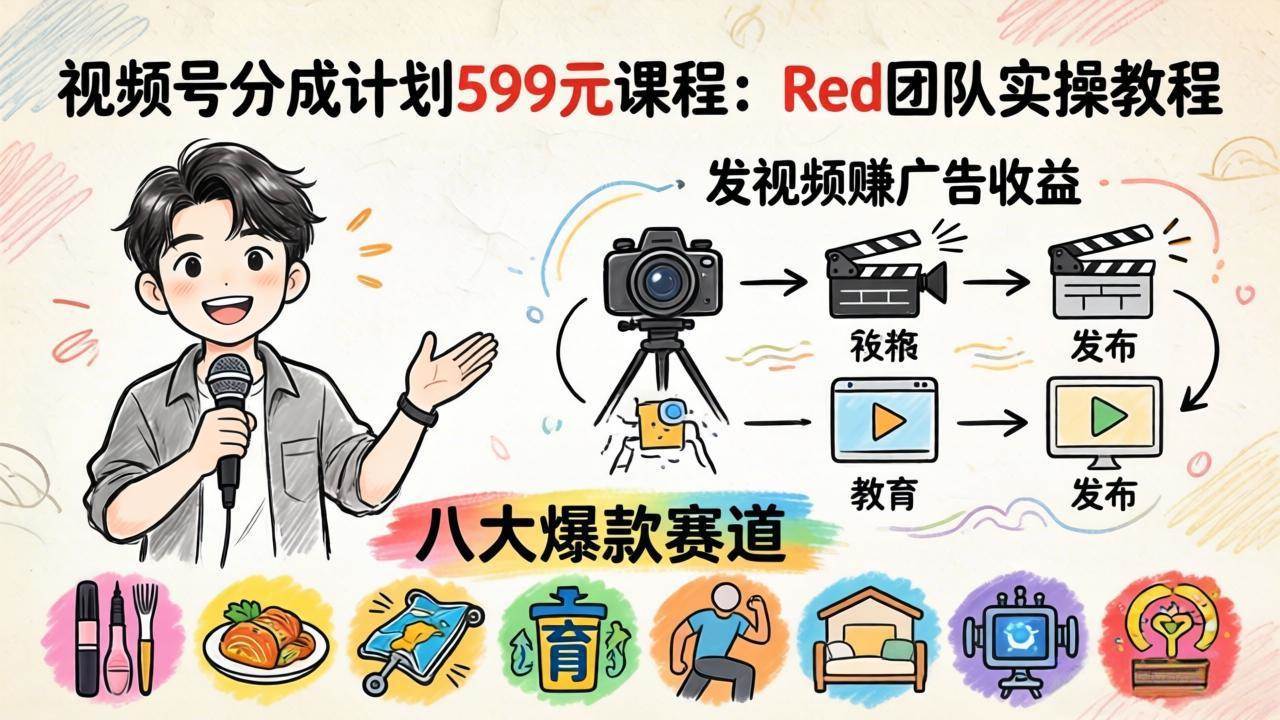 （18088期）视频号分成计划599元课程：Red团队实操教程，发视频赚广告收益，八大爆款赛道全掌握-知行阁轻创网-分享网络赚钱项目-全网首发副业项目实操平台-副业创业项目网