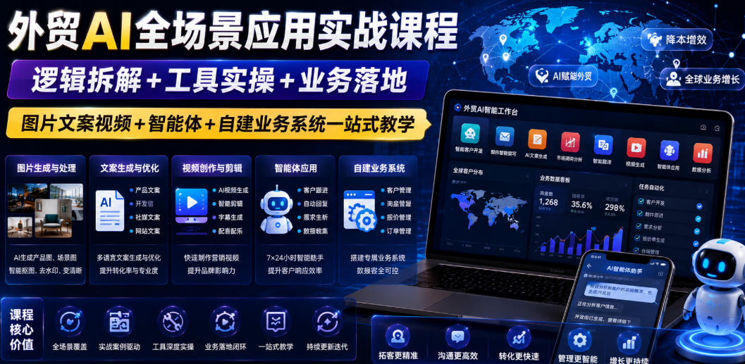 外贸AI全场景应用实战课程｜逻辑拆解+工具实操+业务落地，图片文案视频+智能体+自建业务系统一站式教学-知行阁轻创网-分享网络赚钱项目-全网首发副业项目实操平台-副业创业项目网