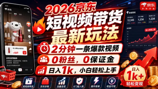 2026京东短视频带货最新玩法，2分钟一条爆款视频，0粉丝，0保证金，日入1k，小白轻松上手【揭秘】-知行阁轻创网-分享网络赚钱项目-全网首发副业项目实操平台-副业创业项目网