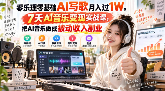 零乐理零基础AI写歌月入过1W，7天AI音乐变现实战课，把AI音乐做成被动收入副业-知行阁轻创网-分享网络赚钱项目-全网首发副业项目实操平台-副业创业项目网