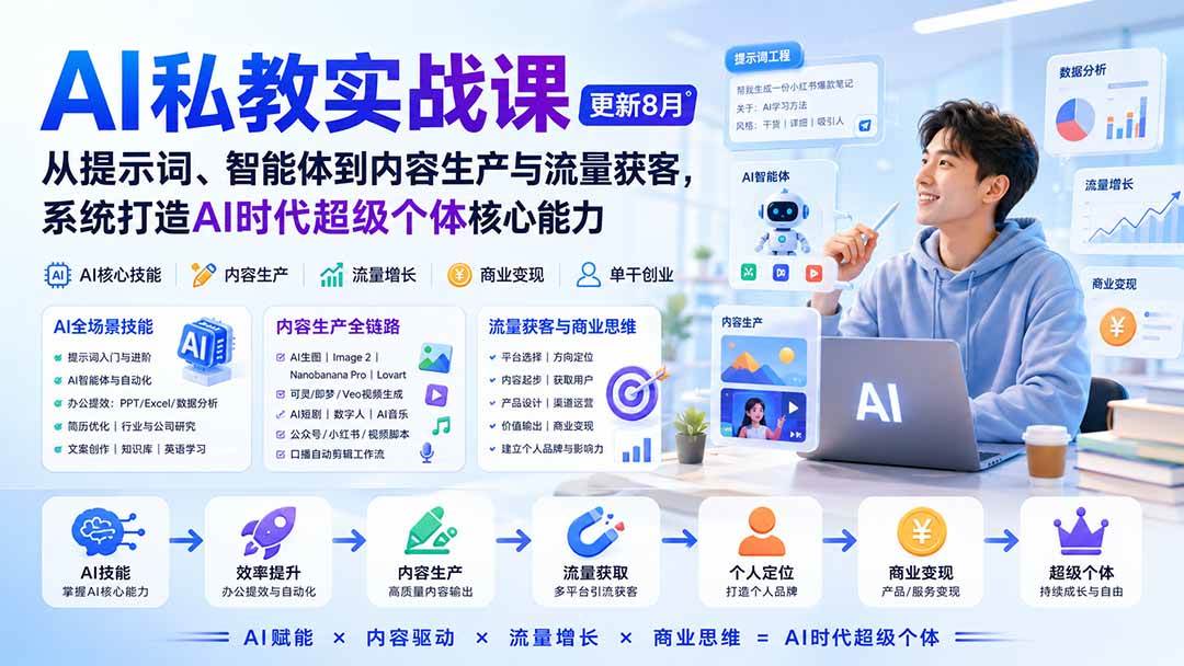 (20149期)AI私教实战课-更新8月:从提示词、智能体到内容生产与流量获客,系统打造AI时代超级个体核心能力 (20149期)AI私教实战课-更新8月:从提示词、智能体到内容生产与流量获客,系统打造AI时代超级个体核心能力