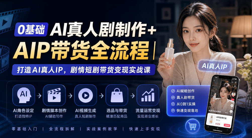 0基础AI真人剧制作+AIP带货全流程｜打造AI真人IP，剧情短剧带货变现实战课-知行阁轻创网-分享网络赚钱项目-全网首发副业项目实操平台-副业创业项目网