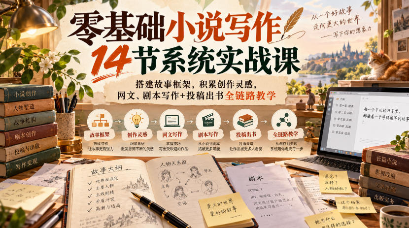 零基础小说写作14节系统实战课，搭建故事框架，积累创作灵感，网文、剧本写作+投稿出书全链路教学-知行阁轻创网-分享网络赚钱项目-全网首发副业项目实操平台-副业创业项目网