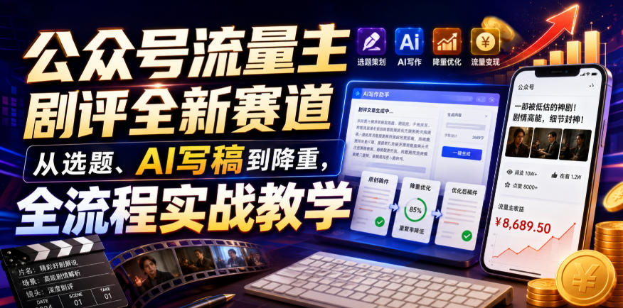 公众号流量主剧评全新赛道,从选题、AI写稿到降重,全流程实战教学-知行阁轻创网-分享网络赚钱项目-全网首发副业项目实操平台-副业创业项目网