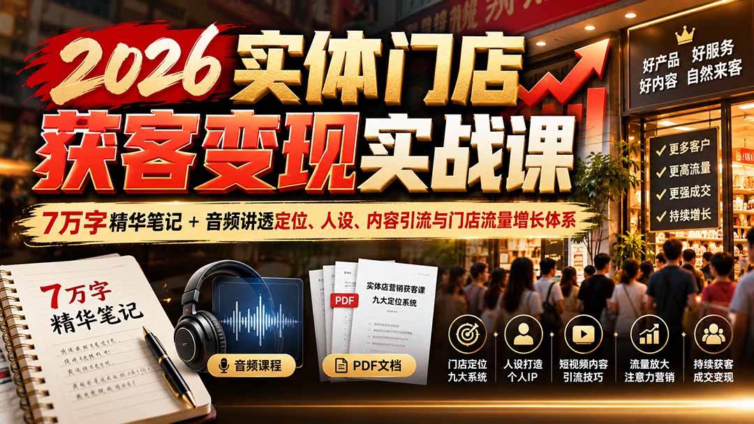 （20832期）2026实体门店获客变现实战课：7万字精华笔记+音频讲透定位、人设、内容引流与门店流量增长体系-知行阁轻创网-分享网络赚钱项目-全网首发副业项目实操平台-副业创业项目网