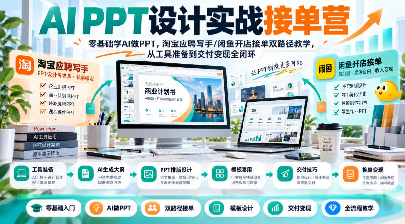 AI PPT设计实战接单营｜零基础学AI做PPT，淘宝应聘写手/闲鱼开店接单双路径教学，从工具准备到交付变现全闭环-知行阁轻创网-分享网络赚钱项目-全网首发副业项目实操平台-副业创业项目网