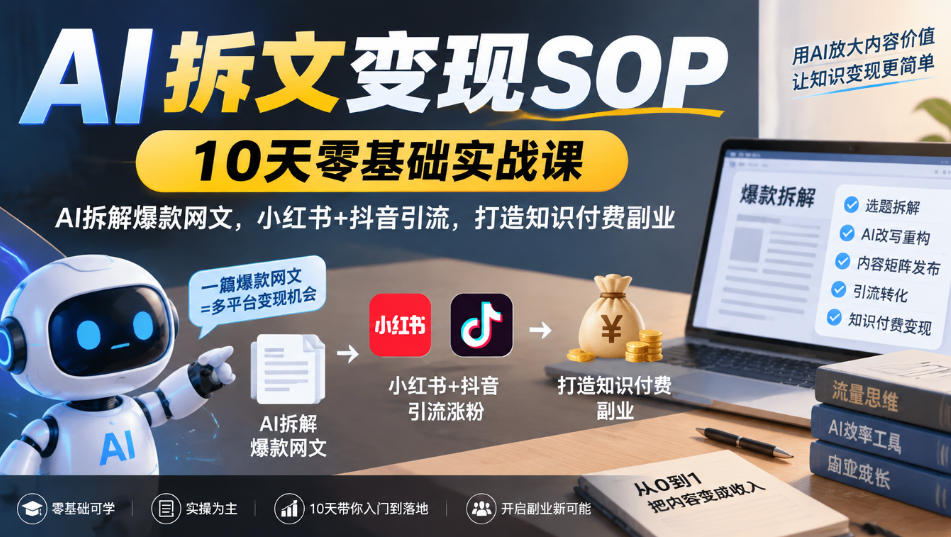 AI拆文变现SOP｜10天零基础实战课，AI拆解爆款网文，小红书+抖音引流，打造知识付费副业-知行阁轻创网-分享网络赚钱项目-全网首发副业项目实操平台-副业创业项目网