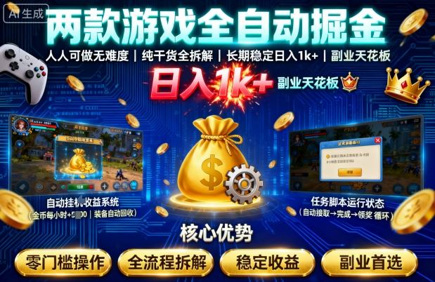 两款游戏全自动掘金，人人可做无难度，纯干货全拆解，长期稳定，日入1k+，副业天花板【揭秘】-知行阁轻创网-分享网络赚钱项目-全网首发副业项目实操平台-副业创业项目网