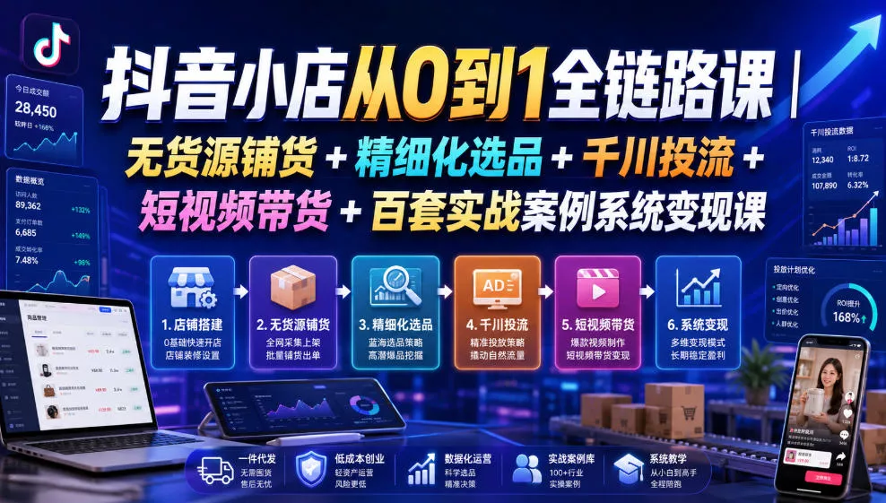 抖音小店从0到1全链路课｜无货源铺货+精细化选品+千川投流+短视频带货+百套实战案例系统变现课(2026年7月更新)-知行阁轻创网-分享网络赚钱项目-全网首发副业项目实操平台-副业创业项目网