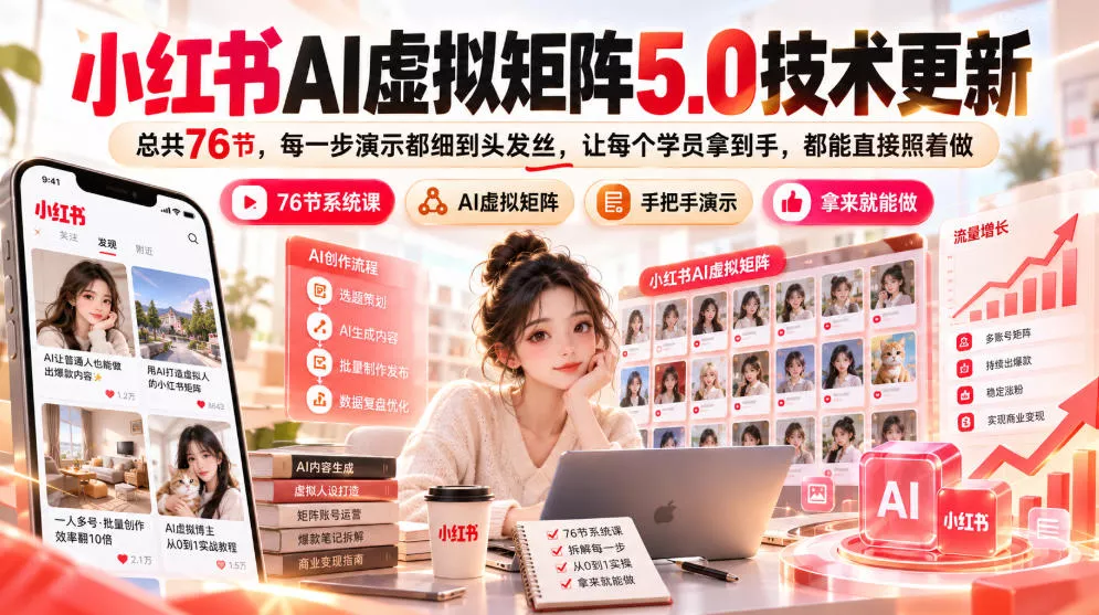 小红书AI虚拟矩阵5.0技术更新，总共76节，每一步演示都细到头发丝，让每个学员拿到手，都能直接照着做-知行阁轻创网-分享网络赚钱项目-全网首发副业项目实操平台-副业创业项目网