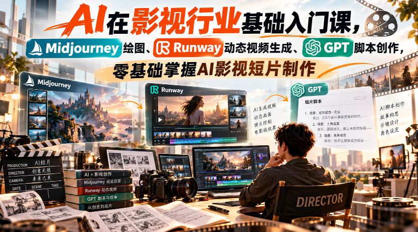 【无水印】AI在影视行业基础入门课，Midjourney绘图、Runway动态视频生成、GPT脚本创作，零基础掌握AI影视短片制作-知行阁轻创网-分享网络赚钱项目-全网首发副业项目实操平台-副业创业项目网