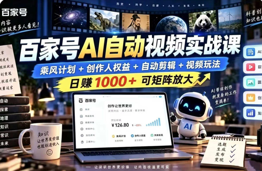 百家号自动矩阵玩法，长期可以做的项目，日入1k+，真正的睡后收入-知行阁轻创网-分享网络赚钱项目-全网首发副业项目实操平台-副业创业项目网