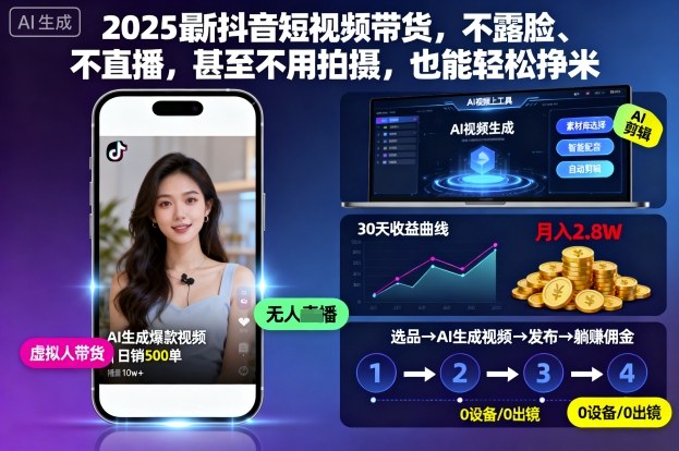 2025最新抖音短视频带货，不露脸、不直播，甚至不用拍摄，也能轻松挣米-知行阁轻创网-分享网络赚钱项目-全网首发副业项目实操平台-副业创业项目网