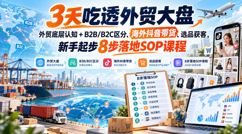 3天吃透外贸大盘，外贸底层认知+B2B/B2C区分、海外抖音带货、选品获客，新手起步8步落地SOP课程-知行阁轻创网-分享网络赚钱项目-全网首发副业项目实操平台-副业创业项目网