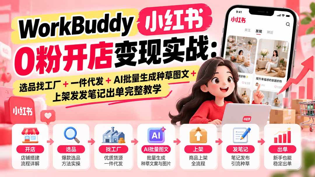 （20801期）WorkBuddy小红书0粉开店变现实战：选品找工厂+一件代发+AI批量生成种草图文+上架发发笔记出单完整教学-知行阁轻创网-分享网络赚钱项目-全网首发副业项目实操平台-副业创业项目网