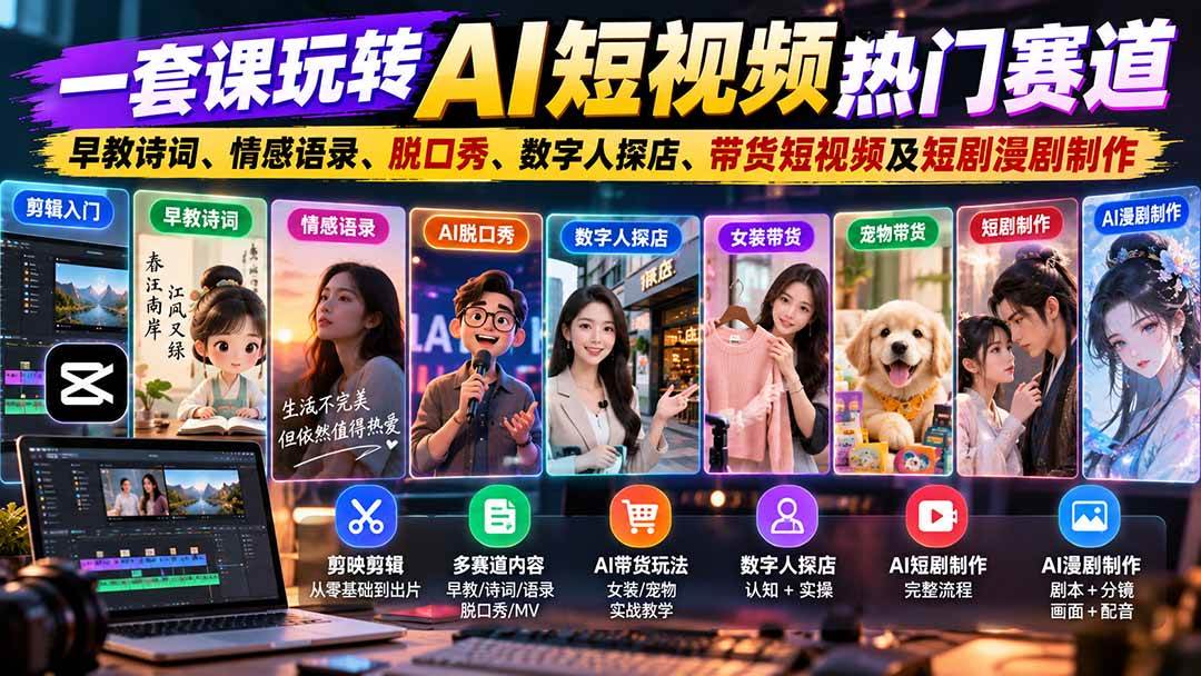 (20964期)一套课玩转AI短视频热门赛道:早教诗词、情感语录、脱口秀、数字人探店、带货短视频及短剧漫剧制作 复制标题-知行阁轻创网-分享网络赚钱项目-全网首发副业项目实操平台-副业创业项目网