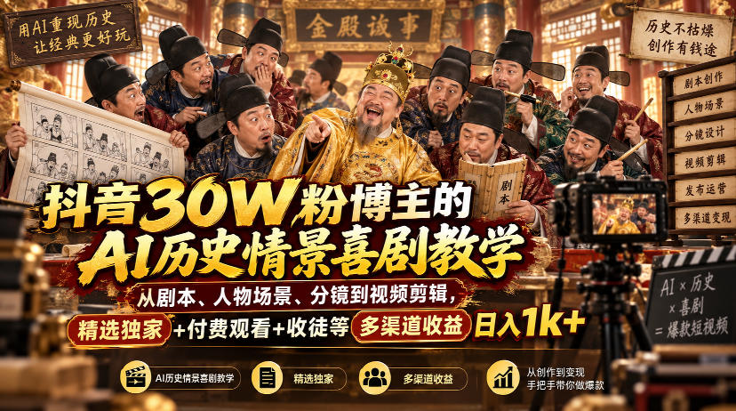 抖音30W粉博主的AI历史情景喜剧教学,从剧本、人物场景、分镜到视频剪辑,精选独家+付费观看+收徒等多渠道收益日入1k+-知行阁轻创网-分享网络赚钱项目-全网首发副业项目实操平台-副业创业项目网