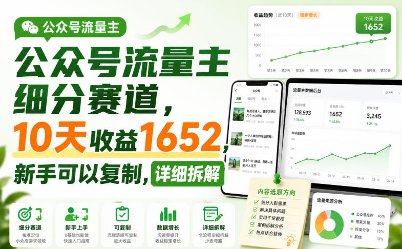 公众号流量主细分赛道,10天收益1652,新手可以复制,详细拆解-知行阁轻创网-分享网络赚钱项目-全网首发副业项目实操平台-副业创业项目网