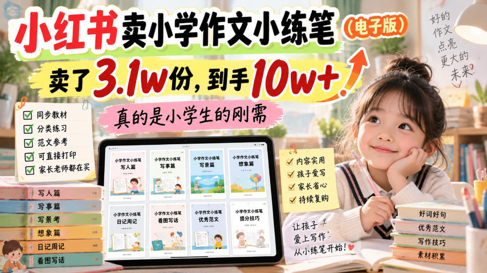小红书卖小学作文小练笔（电子版），卖了3.1w份，到手10w+，真的是小学生的刚需-知行阁轻创网-分享网络赚钱项目-全网首发副业项目实操平台-副业创业项目网