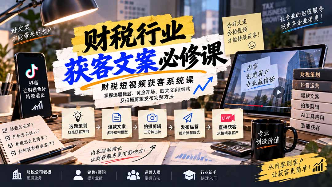 财税短视频获客系统课：掌握选题标题、黄金开场、四大文案结构及拍摄剪辑发布完整方法-知行阁轻创网-分享网络赚钱项目-全网首发副业项目实操平台-副业创业项目网