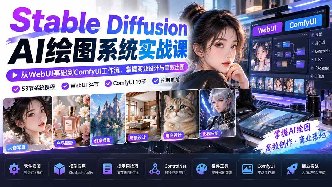 （20678期）Stable Diffusion AI绘图系统实战课：从WebUI基础到ComfyUI工作流，掌握商业设计与高效出图-知行阁轻创网-分享网络赚钱项目-全网首发副业项目实操平台-副业创业项目网